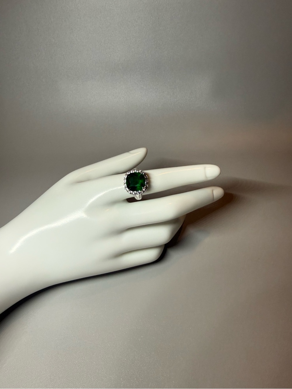 Macy's Silver Ring with Dark Green Cushion Stone and Halo